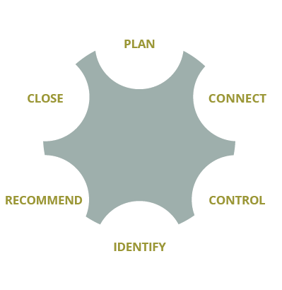 Sales diagram: plan, connect, control, identify, recommmend, close
